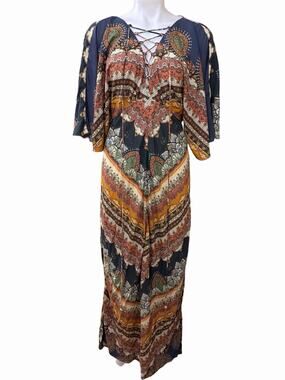 Farm Rio Multicolor Printed Maxi Dress Lace-up Neckline Butterfly Sleeve Size S